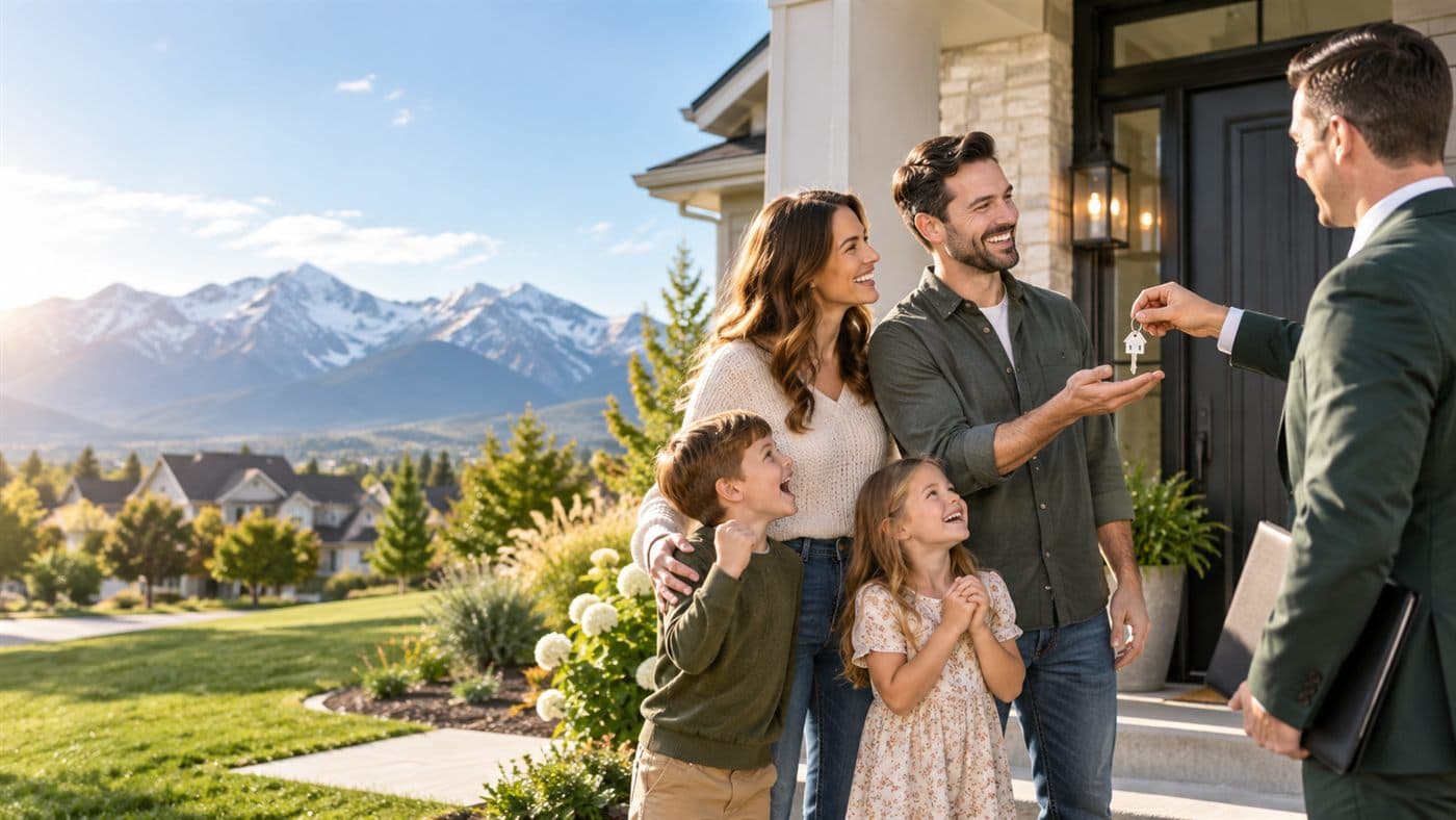 A family receiving the keys to their new home, with the Wasatch mountains behind them