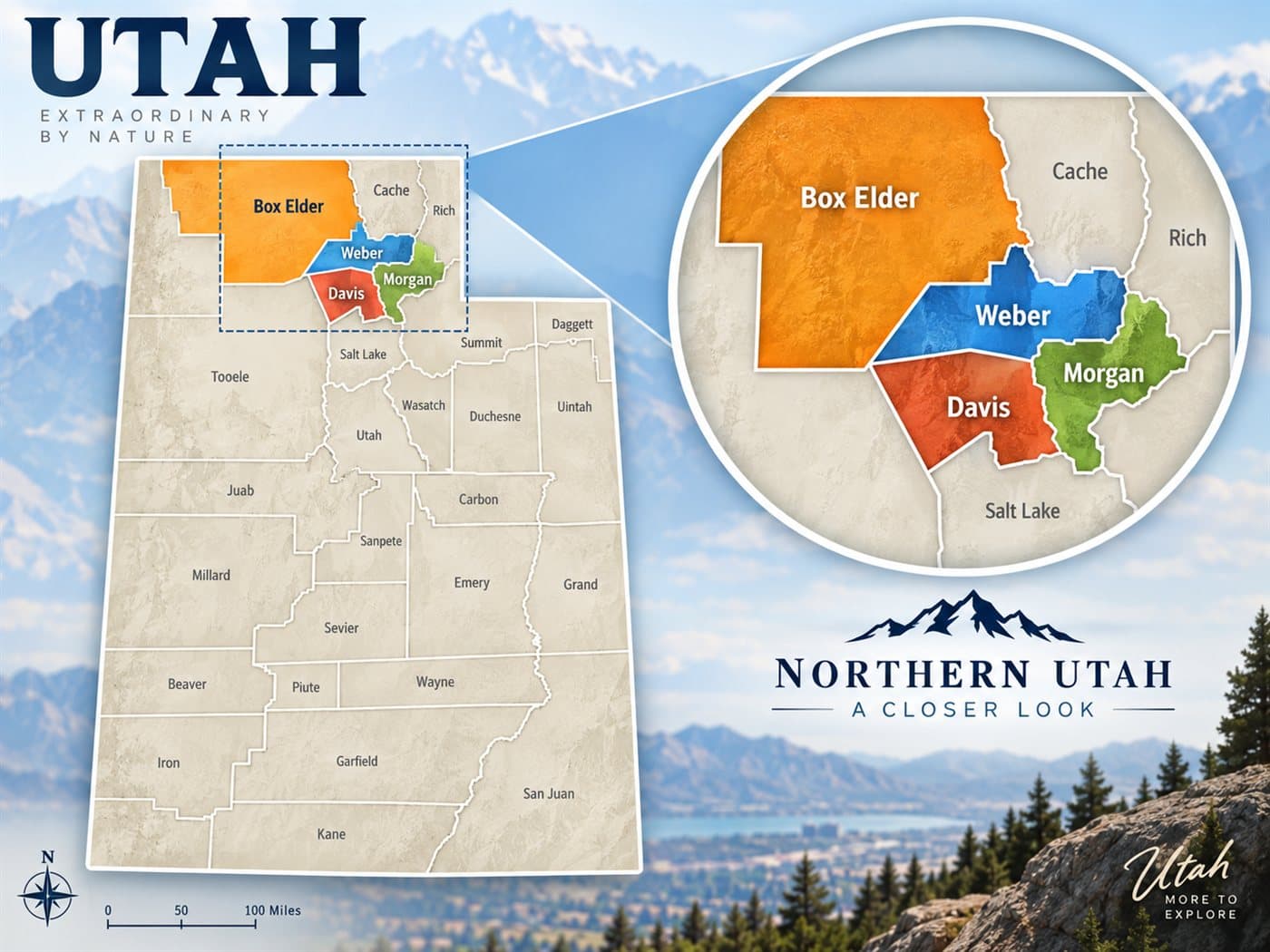 Map of Utah highlighting the northern counties Alta Mortgage Group serves: Weber, Davis, Box Elder and Morgan